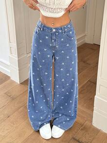 Rivivi Women's Pocket Button Bow Print Casual Versatile Daily Wear Wide Leg Jeans - Blue - View 6