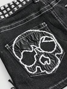 ROMWE Grunge Punk Y2K辣妹風女款細肩帶鉚釘裝飾交叉牛仔裙 - 灰色 - 查看 4