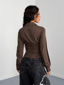 StreetHx Petite Áo sơ mi dài tay kẻ sọc phong cách đường phố dành cho nữ, có phần eo thon gọn. - màu nâu - Xem 2