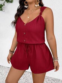 SHEIN Frenchy 大码纯色心形领无袖打结抽绳腰宽松连体裤 - 紅色 - 查看 3