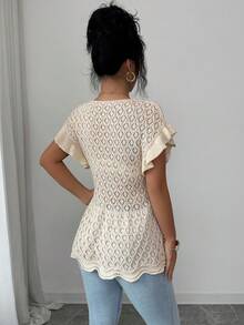 Elenzga Women's French Elegant Hollow Ruffle Sleeve V-Neck Cinched Waist Asymmetrical Hem Knit Cardigan - Beige - View 2