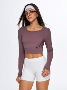 Eassivo Eassivo 女士性感露背长袖运动上衣，打结设计健身T恤 - 咖啡棕 - 查看 5