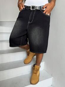 Manfinity Hypemode Unisex American Hip Hop Style Denim Shorts With Pockets - Black - View 4