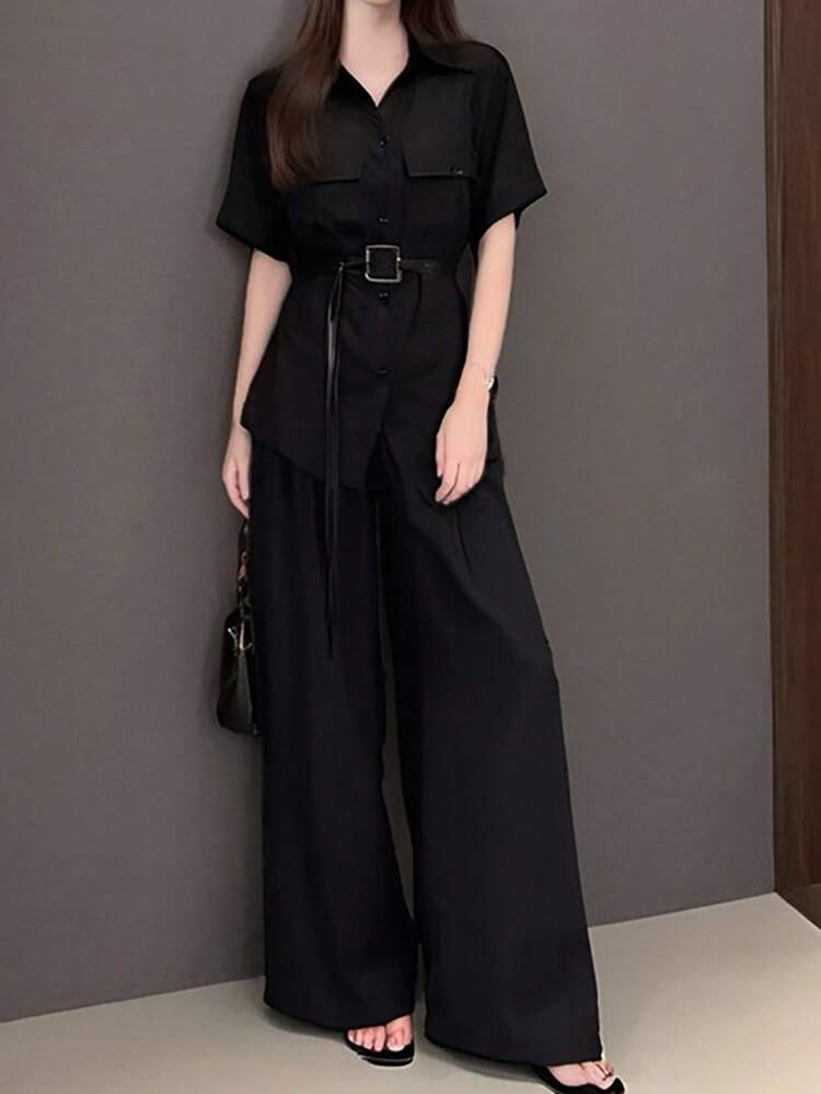 2pcs/Set Women's Elegant Belted Top And Wide Leg Pants Suit, Fashionable Loose Fit Slimming Two Pieces Outfit