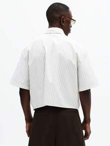 SUMWON Camisa formal de manga corta a rayas con botones y cuello, ajuste regular, casual de negocios para oficina, primavera-verano, mezcla de algodón - Blanco - Ver 2