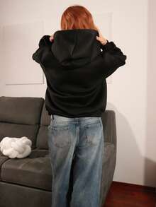 SILVIA DI SANTO Black Casual Minimal Print Hooded Long Sleeve Loose Fit Thick Sweatshirt For Women, Spring/Autumn And Winter Hoodie - Black - View 2