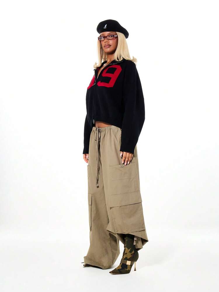 SUMWON WOMEN Oversized Knitted Varsity Zip Cardigan With Number Detail