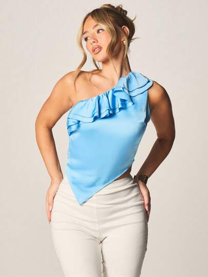MISSGUIDED One Shoulder Ruffle Detail Top With Asymmetric Neckline And Sleeveless Design For Spring Summer Casual Elegant Occasions
