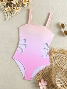 SHEIN Tween Girls' Ombre Hollow-Out One-Piece Swimsuit, Suitable For Vacation & Beach - Multicolor - View 3