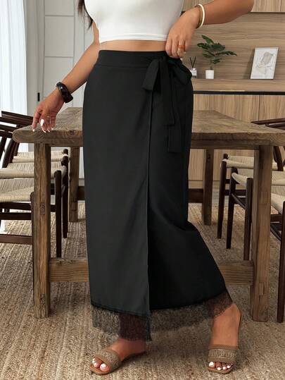 Weeklong 黑色蕾丝拼接裹身长裙 - 大码优雅长裙，适合春夏办公、休闲和派对穿着