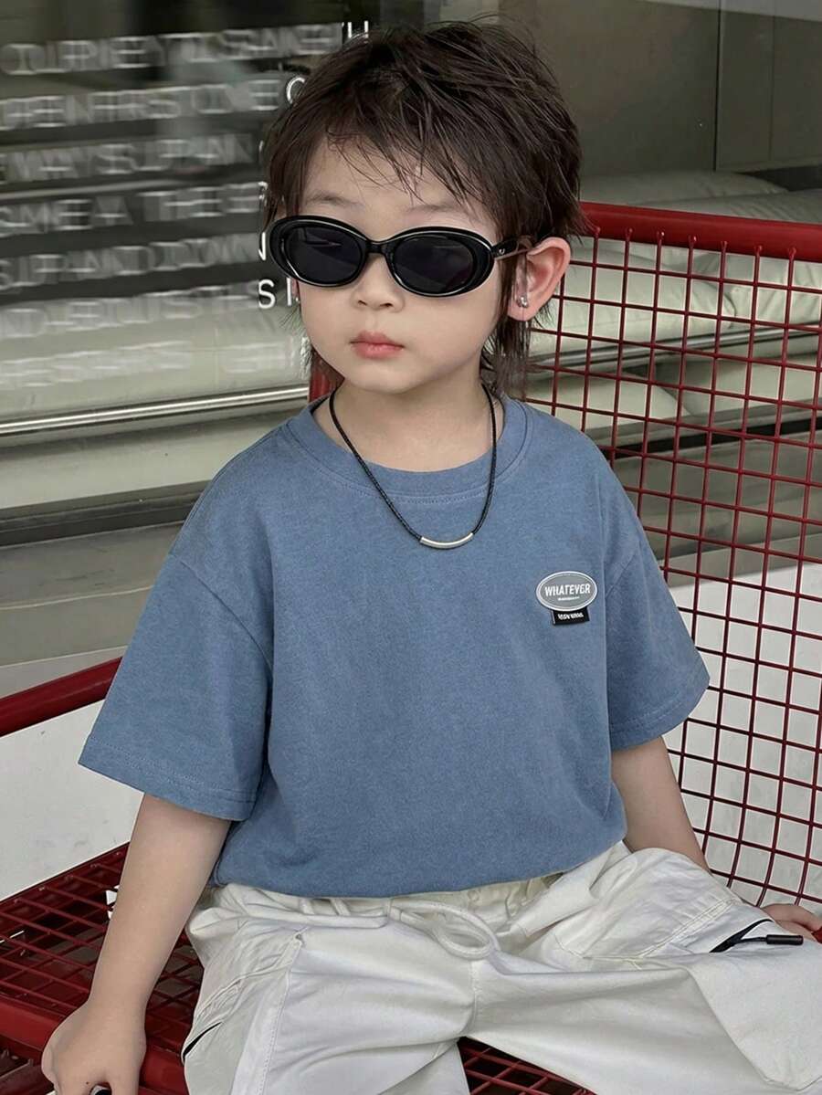 DAZY 男童圆领落肩短袖休闲宽松T恤 - 藍色 - 查看 1