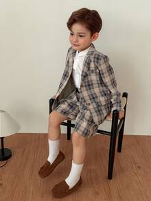 DAZY 男童绅士格子印花单排扣西装外套和短裤 - 卡其色 - 查看 1