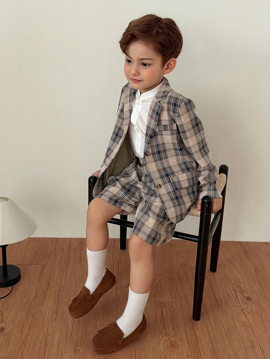 DAZY 男童绅士格子印花单排扣西装外套和短裤 - 卡其色 - 查看 1