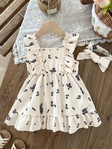 SHEIN 2pcs/ Baby Girl's Cute Summer Beige Sleeveless Halter-Neck,Textured Floral Print Dress With Ruffles,Family Matching Outings Decorative Headscarf - Apricot - View 6