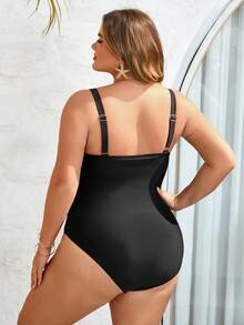 SHEIN CURVE+ Áo tắm liền thân cỡ lớn dành cho nữ, áo tắm liền thân phối lưới phối màu mùa hè. - màu đen - Xem 2