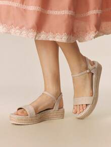 Styleloop 女士时尚纯色编织休闲坡跟凉鞋，波西米亚度假风复古帆布坡跟踝带凉鞋，西部风格，音乐节派对服装，春夏鞋履，春假复活节 - 杏色3 - 查看 3