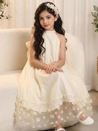 SHEIN Tween Girl vävd enfärgad stående krage mesh 3D blomma casual klänning