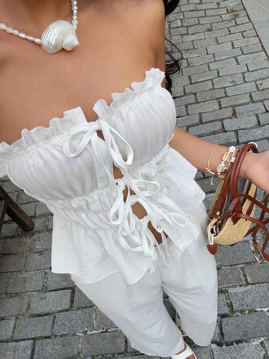 Sunnyshic 2pcs/Set Women's White Linen-Like Bamboo Knot Fabric Front Tie Bow Waist Ruffle Hem Backless Crop Top And Low Waist Slit Pocket Straight Leg Wide Pants, Elegant Casual Vacation Beach Commute Outfit, Spring/Summer - White - View 1