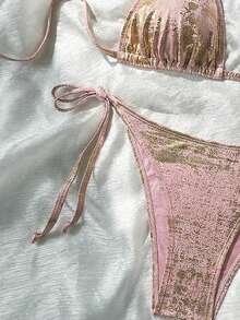 SHEIN Swim 女士极简日常穿搭箔印泳衣套装，2026新款女士泳装到货，适合上学、度假、约会、下午茶、西式、邮轮、海滩、海岛、公路旅行、四季皆宜、音乐节、波西米亚风度假、秋日休闲、西部波西米亚风，优雅女士上衣 - 粉色 - 查看 5