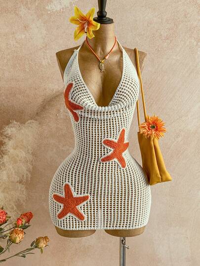 Soleia Women's Sexy Backless Starfish Crochet Knit Draped Neck Vacation Dress