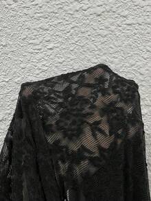 Auralis 大码女式不对称领口喇叭袖优雅蕾丝连衣裙 - 黑色 - 查看 7