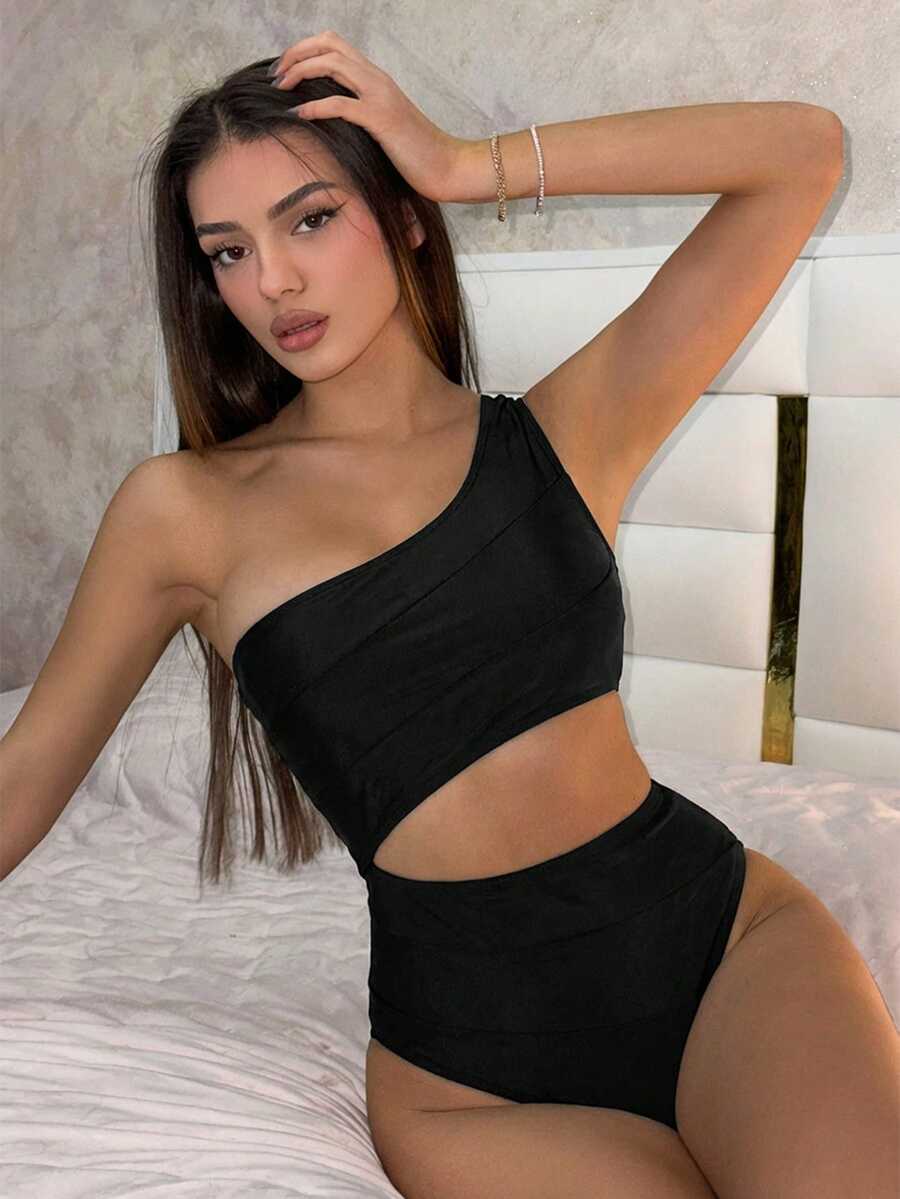 Swim Vcay 1pc Women's Solid Color Cutout Shoulder One-Piece Swimsuit, Fashionable For Beach & Pool - Black - View 1
