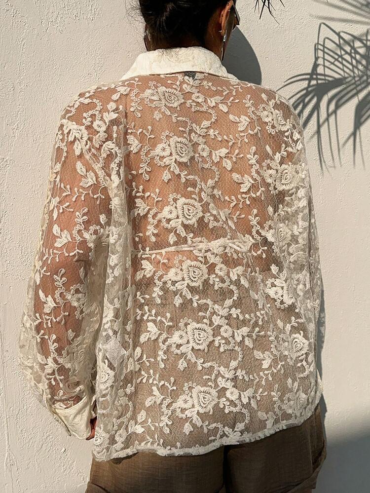 Dazy Plus Plus Size Elegant Lace Sheer Turndown Collar Loose Long Sleeve Apricot Blouse Summer