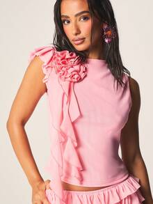 MISSGUIDED Áo kiểu không tay nữ tính với chi tiết bèo nhún, vai lệch, điểm nhấn hoa văn và thiết kế buộc dây phía trước, thích hợp cho mùa xuân hè. - Hồng - Xem 1