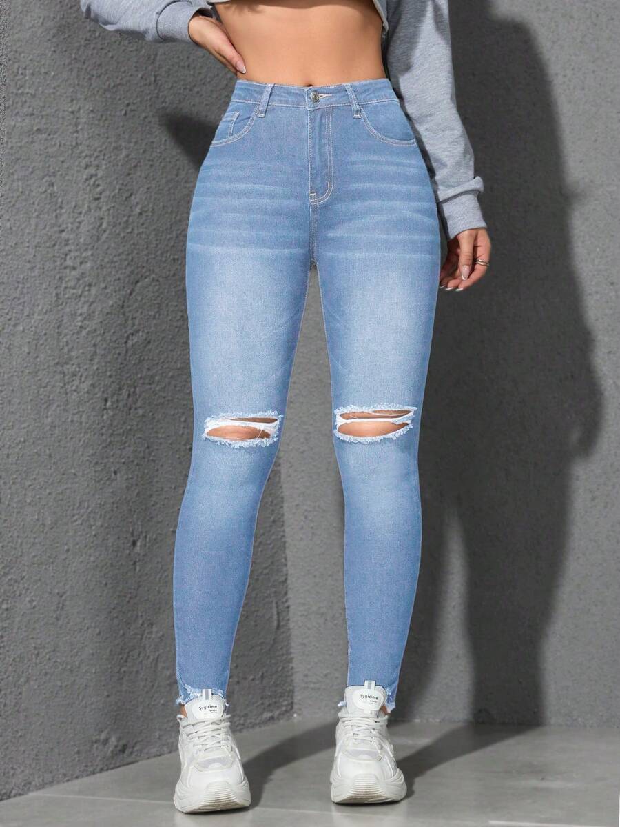SHEIN Essnce Women's Casual Distressed Denim Jeans - Light Wash - View 1