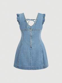 Sunnyshic 大码女式新款牛仔蓝学院风短袖蝴蝶结牛仔连衣裙 - 淺色水洗藍 - 查看 2