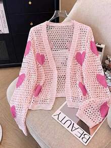 GlowEve Women's Casual Vacation Style Heart Pattern Open Knit Cardigan, Spring/Summer - Pink - View 1