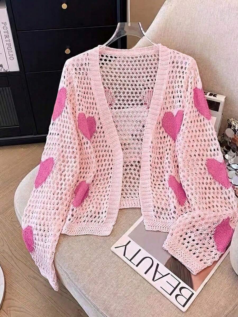 GlowEve Women's Casual Vacation Style Heart Pattern Open Knit Cardigan, Spring/Summer - Pink - View 1