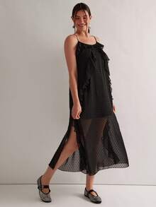 Freevana 大码女式波点印花荷叶边吊带连衣裙，度假夏季黑色连衣裙，浪漫荷叶边乡村风西部风海滩度假机场街头风黑色夏季连衣裙，女式黑色薄纱连衣裙 - 黑色 - 查看 4