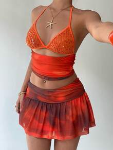 Aloruh Women's Bohemian Style Printed Top With Sequin Patchwork + Mini Skirt, Spring/Summer - Multicolor - View 10