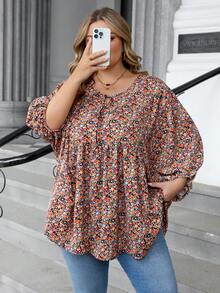 SHEIN CURVE+ Áo thun tay dài cổ tròn in họa tiết hoa nhỏ xinh xắn dành cho nữ cỡ lớn/2026/Năm mới - Nhiều màu - Xem 12