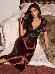 Slumberist Lace Trim Faux Silk Sexy Women Nightgown - Coffee Brown - View 8