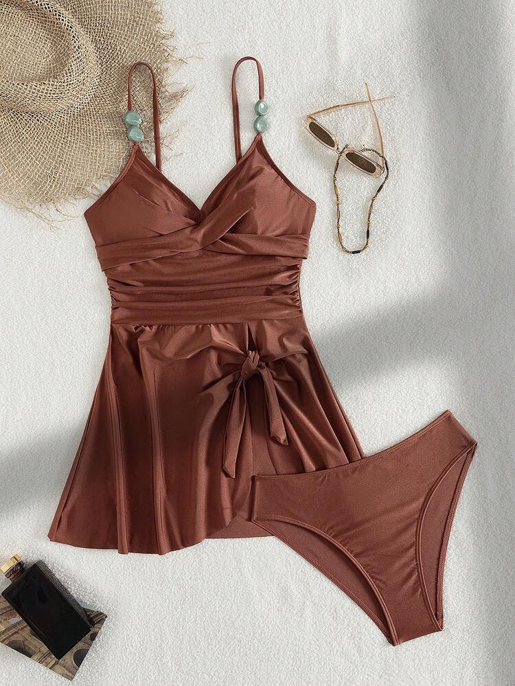 Swim Lushoire 女士高级棕色亮面交叉前开衩泳衣两件套，串珠肩带，侧开衩褶皱裹身泳衣，夏季度假 - 棕色 - 查看 9