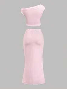 SHEIN Tween Girl Casual Vacation Off-Shoulder Lily Flower Print Fitted Ruched Knit T-Shirt And Fitted Long Skirt Set, Pink Floral Two Piece Set Long Skirt 2 Piece Set Flower Two Piece Girls - Pink - View 4