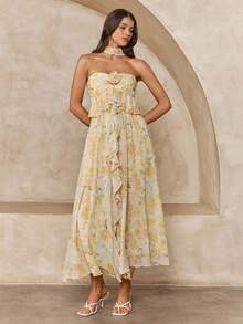 Enchnt Đầm quây in hoa thanh lịch dành cho nữ, có viền bèo nhún và dây buộc, kiểu dáng nghỉ mát, mùa hè. - Màu vàng - Xem 3