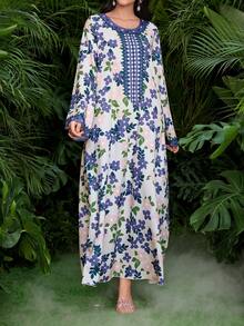 Al Najma 女士优雅阿拉伯风格数码印花长袖梭织连衣裙，春夏款 - 彩色 - 查看 4