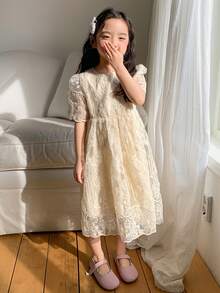 DAZY Young Girl Summer New Princess Cute Fashion Elegant Round Neck Embroidered Dress - Apricot - View 5