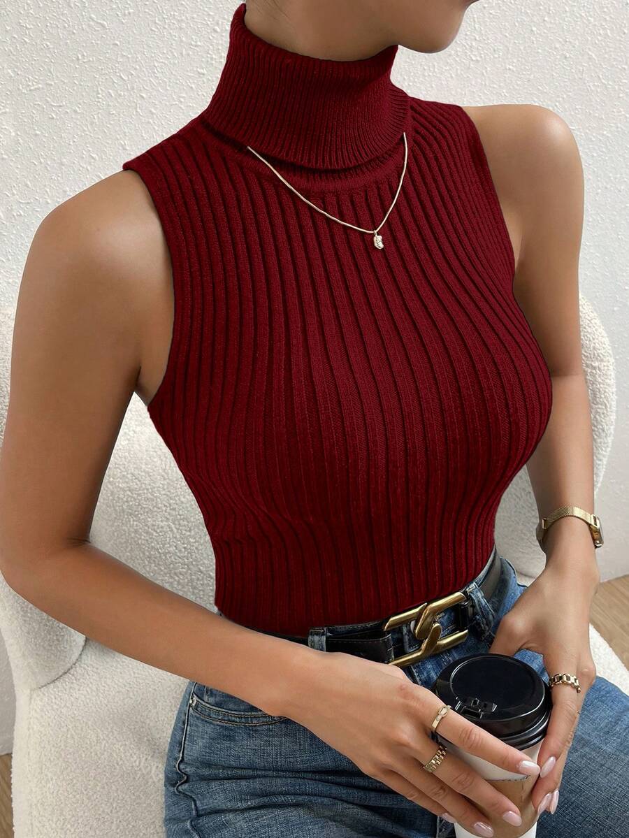 SHEIN Unity Women's Turtleneck Ribbed Fitted Versatile Knit Top, Suitable For Dates And Outings - Red - View 1
