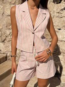SHEIN Women, Spring, Summer, Suit Set, Sleeveless, Short, Vest, Linen, Stripe, Boho, Casual - Multicolor - View 1