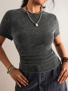 Freevana Áo thun nữ cỡ lớn, cổ tròn, tay ngắn, màu trơn, có bèo nhún và gân nổi. - Xám - Xem 1