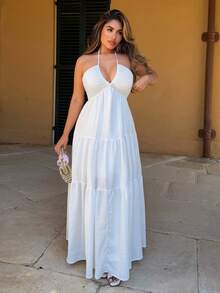 Maria Perezxox Women's Romantic Floral Printed Beach Vacation Halter V-Neck Pleated Backless A-Line Dress For Summer Hawaii,Summer Dresses For Women,Tea Party Dress,White Graduation Dress - White - View 1