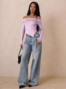 SHEIN Unity 女士纯色露肩长袖不对称下摆时尚上衣 - 淡紫色 - 查看 3