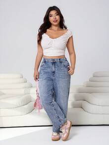 Solflare 大码女式高腰口袋喇叭宽松休闲牛仔裤 - 藍色 - 查看 4