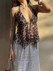 Sunnyshic 女士豹纹露背吊带系带上衣，沙滩度假风，网状海星金属装饰，性感夜店装 - 咖啡棕 - 查看 4