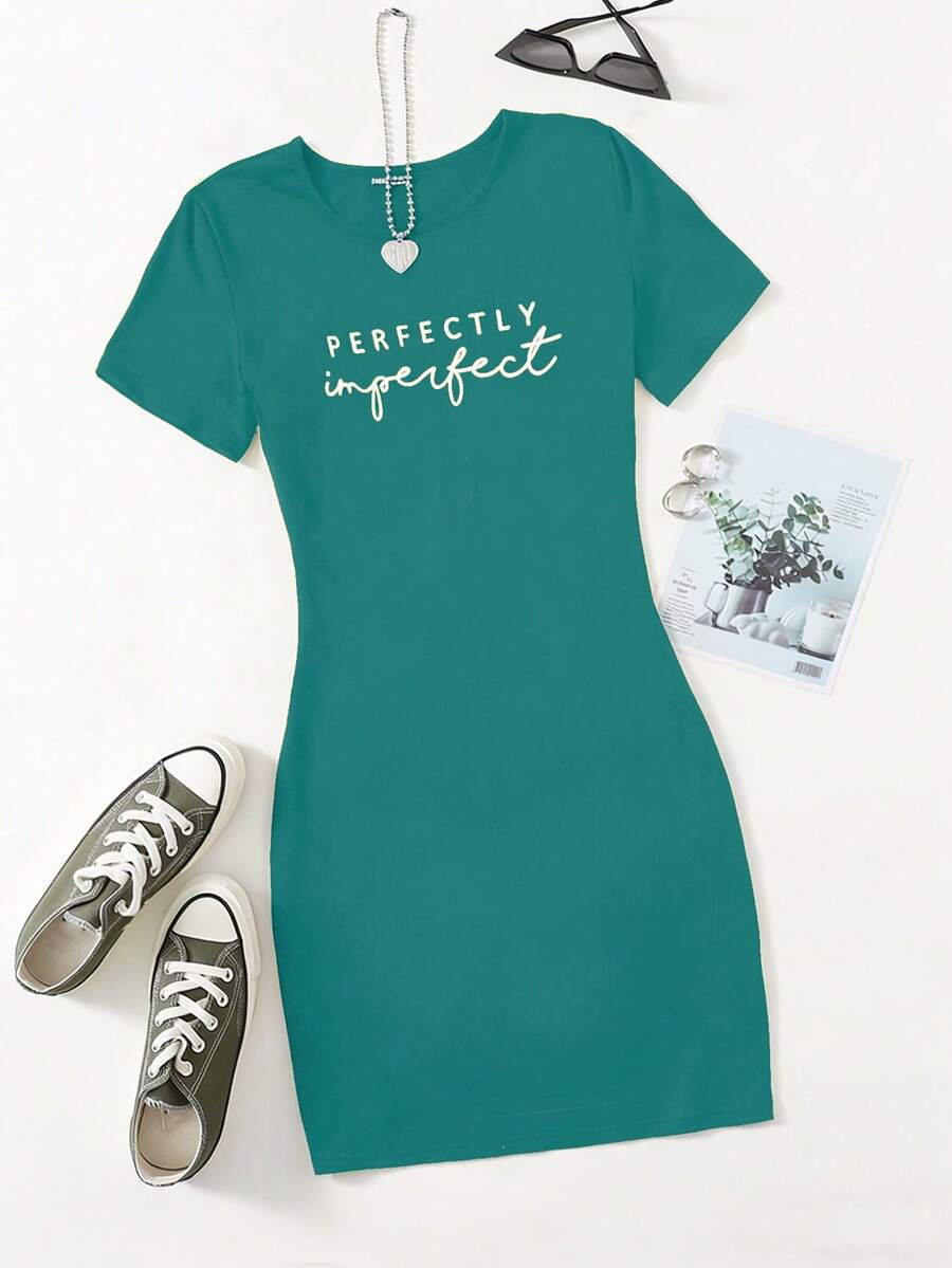 SHEIN Unity Casual Letter Print Short Sleeve Round Neck Summer Dress - Green - View 1