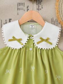 SHEIN Genkimix Kids Đầm casual cho bé gái màu xanh lá cây in nơ, cổ trắng, trang trí hình bướm. - màu xanh lá - Xem 4